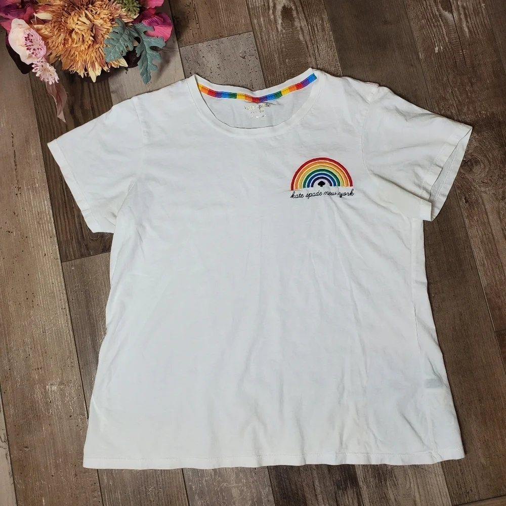 kate spade white rainbow embroidered women's short sleeve top size xl euc
